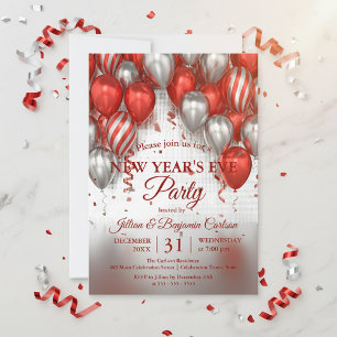 Glam Chic Red Silver Balloons Neujahrs-Party Einladung
