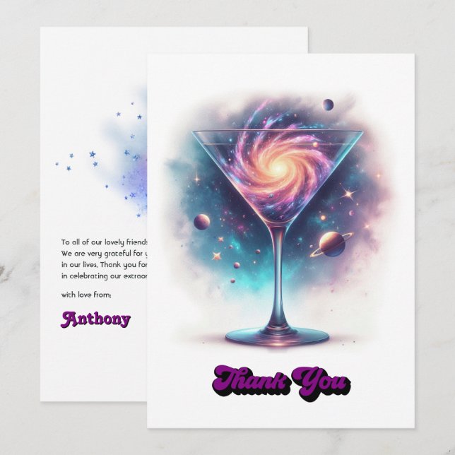 Glam Chic Retro Martini Galaxy Glasdesign Dankeskarte (Vorne/Hinten)