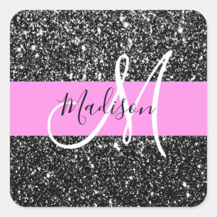 Glam Chic Rosa Schwarzer Glitter Glanz Name Monogr Quadratischer Aufkleber