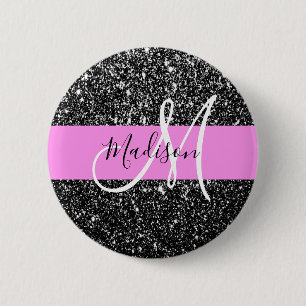 Glam Chic Rosa Schwarzes Glitter Funkeln Name Mono Button