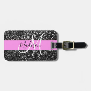 Glam Chic Rosa Schwarzes Glitter Funkeln Name Mono Gepäckanhänger