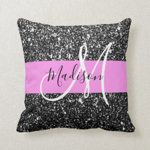 Glam Chic Rosa Schwarzes Glitter Funkeln Name Mono Kissen