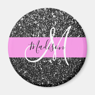 Glam Chic Rosa Schwarzes Glitter Funkeln Name Mono Magnet