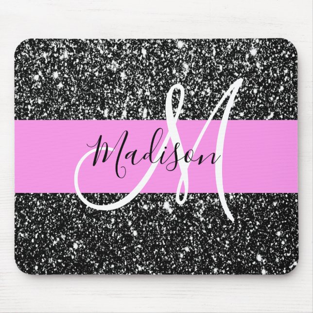 Glam Chic Rosa Schwarzes Glitter Funkeln Name Mono Mousepad (Vorne)