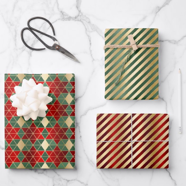Glam Christmas Red Green Gold Geometric Stripes Geschenkpapier Set (Vorderseite)