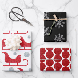 Glam Christmas Santa Sleigh Snowflake Dot Glitzer Geschenkpapier Set