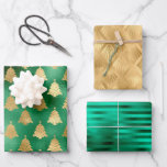Glam Christmas Tree Muster Green Gold Foil Geschenkpapier Set<br><div class="desc">Dieses Sortiment aus verglasten Urlaubspapieren zeichnet sich durch ein goldenes Imitat-Muster aus,  das Weihnachtsbäume auf einem grünen Imitat-Hintergrund,  ein vergoldetes Imitat-Folie Deko-Fan-Muster und ein smaragdgrünes Satin-Imitat-Streifenmuster aus.</div>