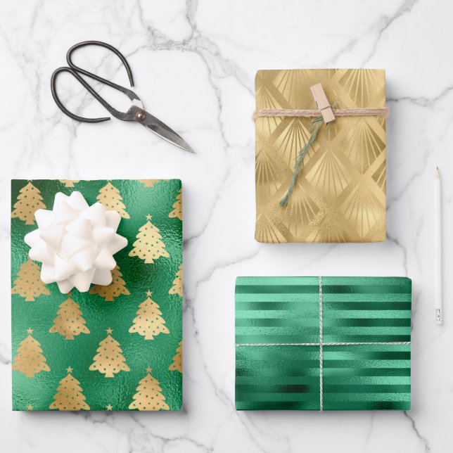Glam Christmas Tree Muster Green Gold Foil Geschenkpapier Set (Vorderseite)