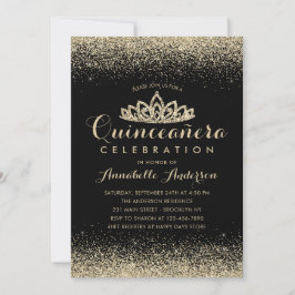 Glam Classic Black Quinceañera Gold Tiara Glitzer Einladung