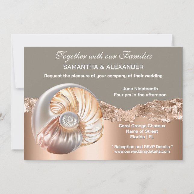 Glam Coastal Shell Beach Wedding Invitation Einladung (Vorderseite)