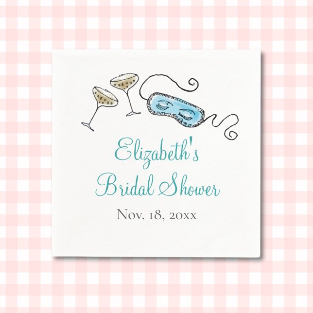 Glam Cocktail Party aus den 60er Jahren Hand-Illus Serviette (This hand-illustrated bridal shower napkin features champagne glasses and a sleep mask.)