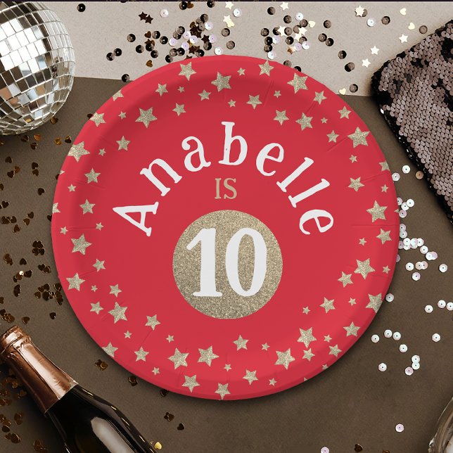 Glam Coole Rot- und Goldsterne Glitzer Geburtstag  Pappteller (Von Creator hochgeladen)