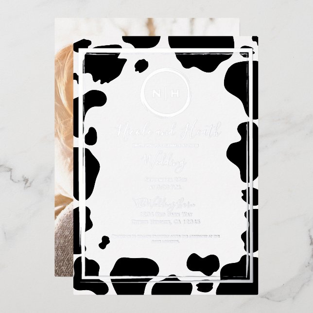 Glam Cow Print Modern Border Wedding Foto Gold Folieneinladung (Vorderseite/Rückseite)