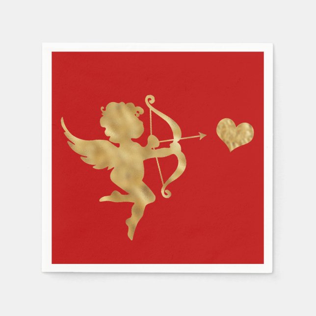 Glam Cupid Gold Rotes Herz Valentine Serviette (Vorderseite)