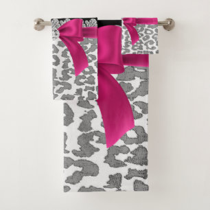 Glam D/Pink Bow-Grey Leopard-Silver Floral Sparkle Badhandtuch Set