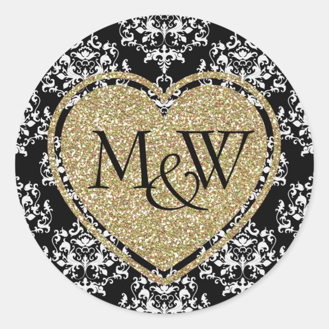 Glam Damask & Gold Glitzer Monogram Wedding Runder Aufkleber (Vorderseite)