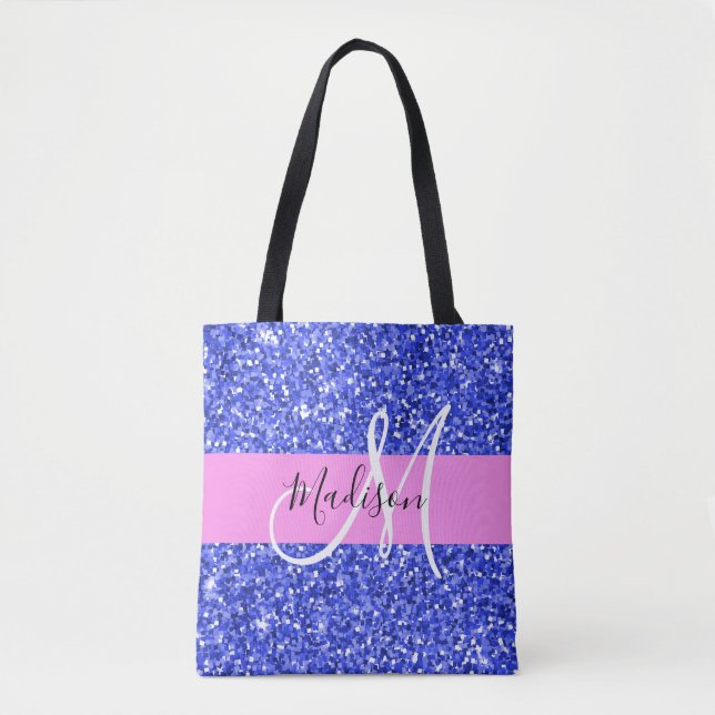 Glam Dark Blue Pink Glitzer Glitzern Name Monogram (Vorderseite)