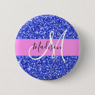 Glam Dark Blue Pink Glitzer Glitzern Name Monogram Button