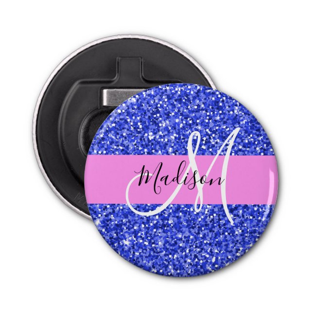 Glam Dark Blue Pink Glitzer Glitzern Name Monogram Flaschenöffner (Vorderseite)