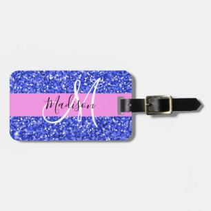 Glam Dark Blue Pink Glitzer Glitzern Name Monogram Gepäckanhänger