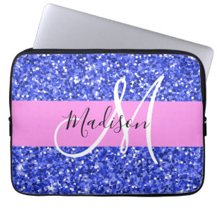 Glam Dark Blue Pink Glitzer Glitzern Name Monogram Laptopschutzhülle