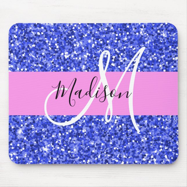 Glam Dark Blue Pink Glitzer Glitzern Name Monogram Mousepad (Vorne)