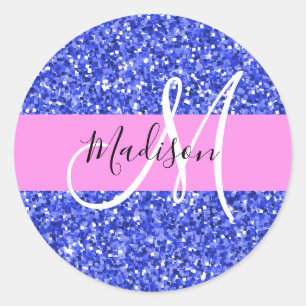 Glam Dark Blue Pink Glitzer Glitzern Name Monogram Runder Aufkleber