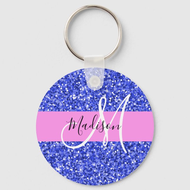 Glam Dark Blue Pink Glitzer Glitzern Name Monogram Schlüsselanhänger (Vorderseite)