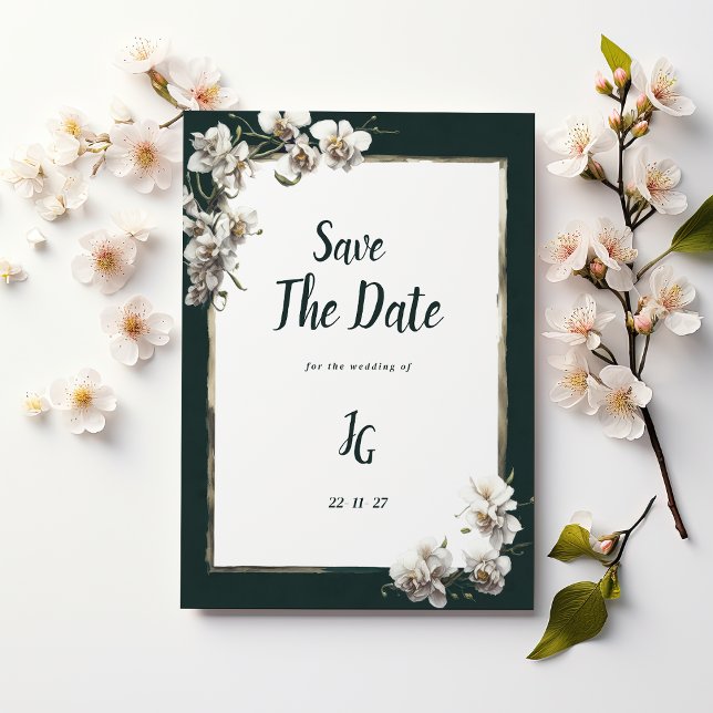 Glam dark green gold white orchid Save The Date Einladung (Glam dark green gold white orchid Save The Date)