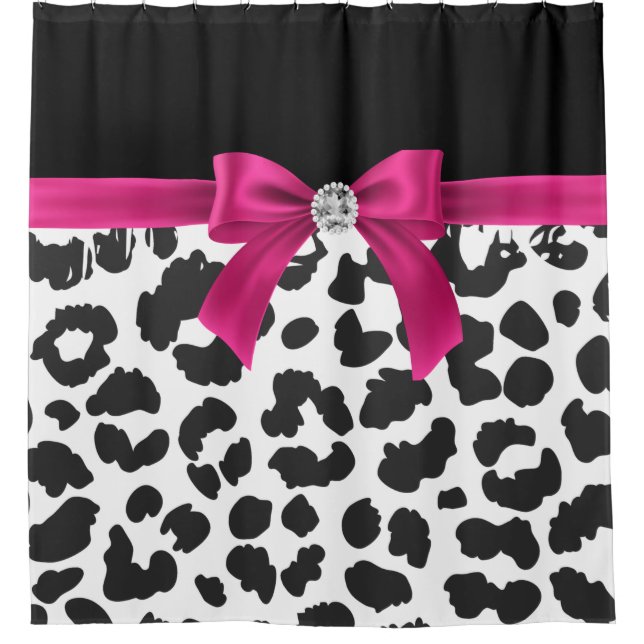 Glam Deep Pink Bow-Snow Leopard Print Black Duschvorhang (Vorderseite)