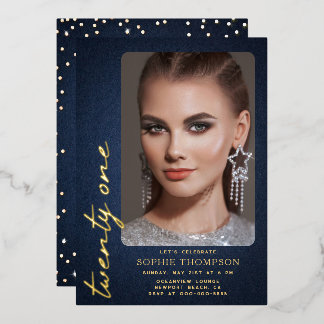 Glam Denim Diamonds Blue Gold 21. Geburtstag Foto Folieneinladung