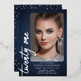 Glam Denim Diamonds Blue Jeans 21. Geburtstag Foto Folieneinladung
