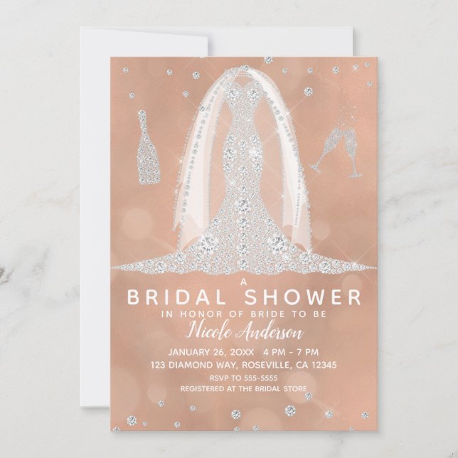 Glam Diamond Wedding Dress Peach Brautparty Einladung (Vorderseite)