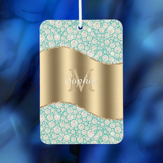 Glam Diamonds auf Aquamarin, Gold Monogram, Script Autolufterfrischer (Von Creator hochgeladen)