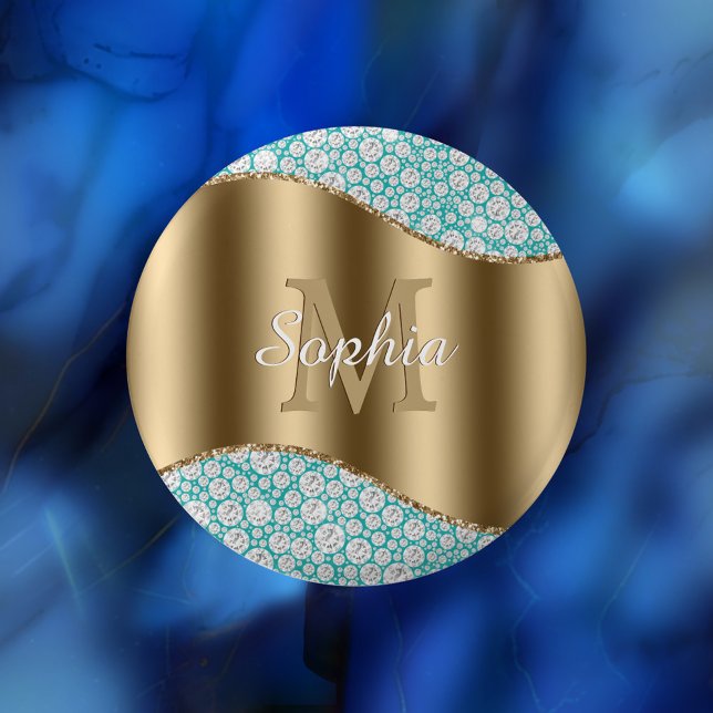 Glam Diamonds auf Aquamarin, Gold Monogram, Script Button (Von Creator hochgeladen)