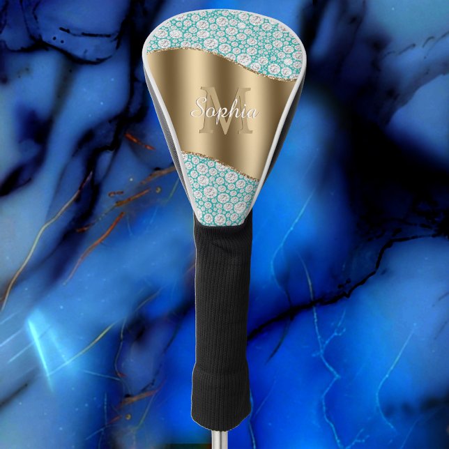 Glam Diamonds auf Aquamarin, Gold Monogram, Script Golf Headcover (Von Creator hochgeladen)
