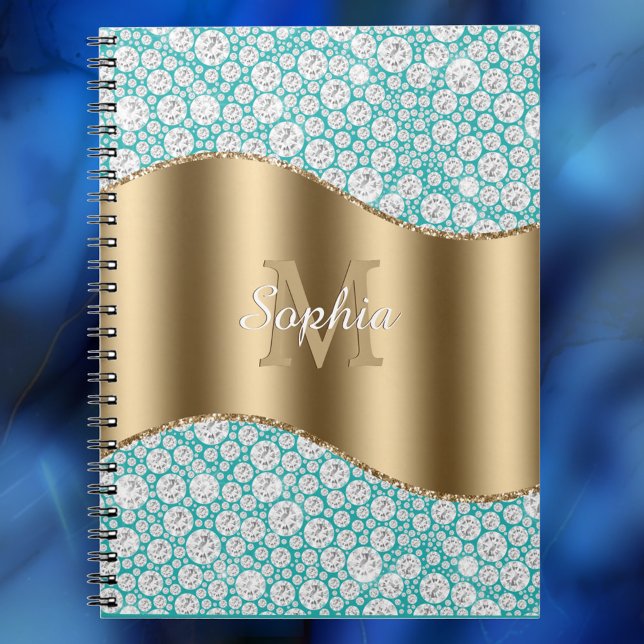 Glam Diamonds auf Aquamarin, Gold Monogram, Script Notizblock (Von Creator hochgeladen)
