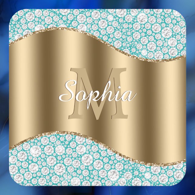 Glam Diamonds auf Aquamarin, Gold Monogram, Script Rechteckiger Pappuntersetzer (Von Creator hochgeladen)