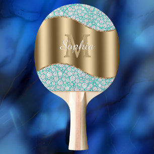 Glam Diamonds auf Aquamarin, Gold Monogram, Script Tischtennis Schläger