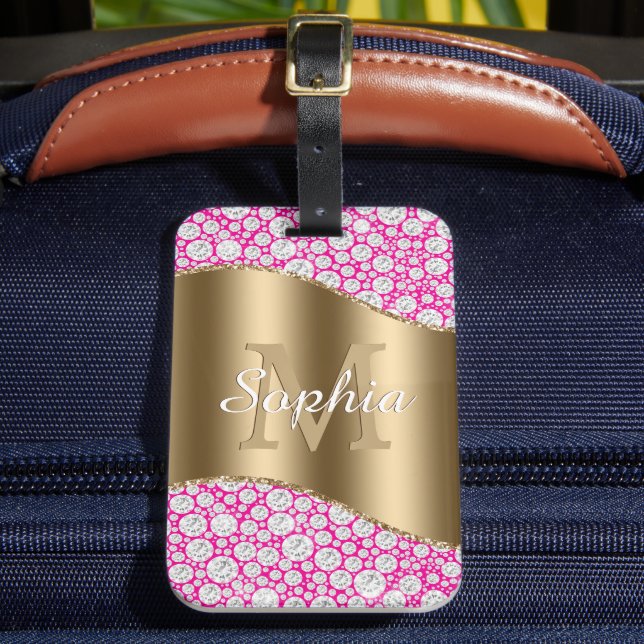 Glam Diamonds Fuchsia, Gold Monogram, Skriptname Gepäckanhänger (Vorderseite Insitu 2)