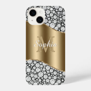 Glam Diamonds on Black, Gold Monogram, Script Name iPhone 14 Hülle