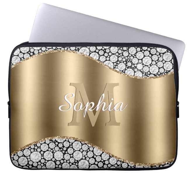 Glam Diamonds on Black, Gold Monogram, Script Name Laptopschutzhülle (Vorderseite)