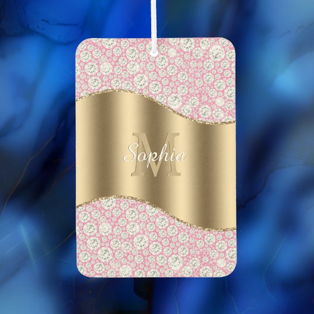 Glam Diamonds on Pink, Gold Monogram, Script Name Autolufterfrischer (Von Creator hochgeladen)