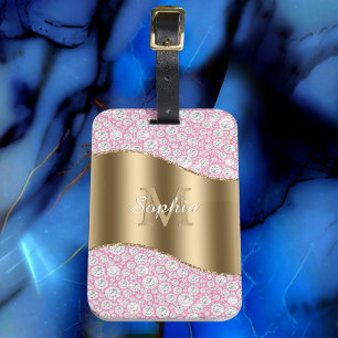 Glam Diamonds on Pink, Gold Monogram, Script Name Gepäckanhänger