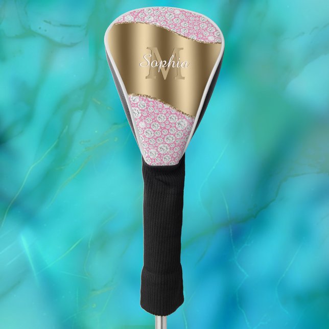 Glam Diamonds on Pink, Gold Monogram, Script Name Golf Headcover (Von Creator hochgeladen)