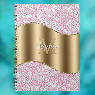 Glam Diamonds on Pink, Gold Monogram, Script Name Notizblock