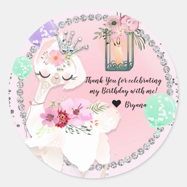 Glam Diva Llama Princess Whimsical Birthday Party Runder Aufkleber (Vorderseite)