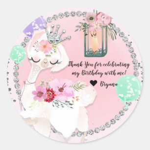 Glam Diva Llama Princess Whimsical Birthday Party Runder Aufkleber