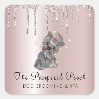 Glam Dog Grooming Service Pink Glitzer Tropfen Quadratischer Aufkleber