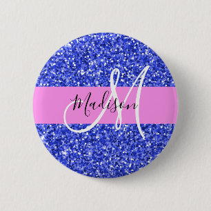Glam Dunkelblau Pink Glitter Funkeln Name Monogram Button